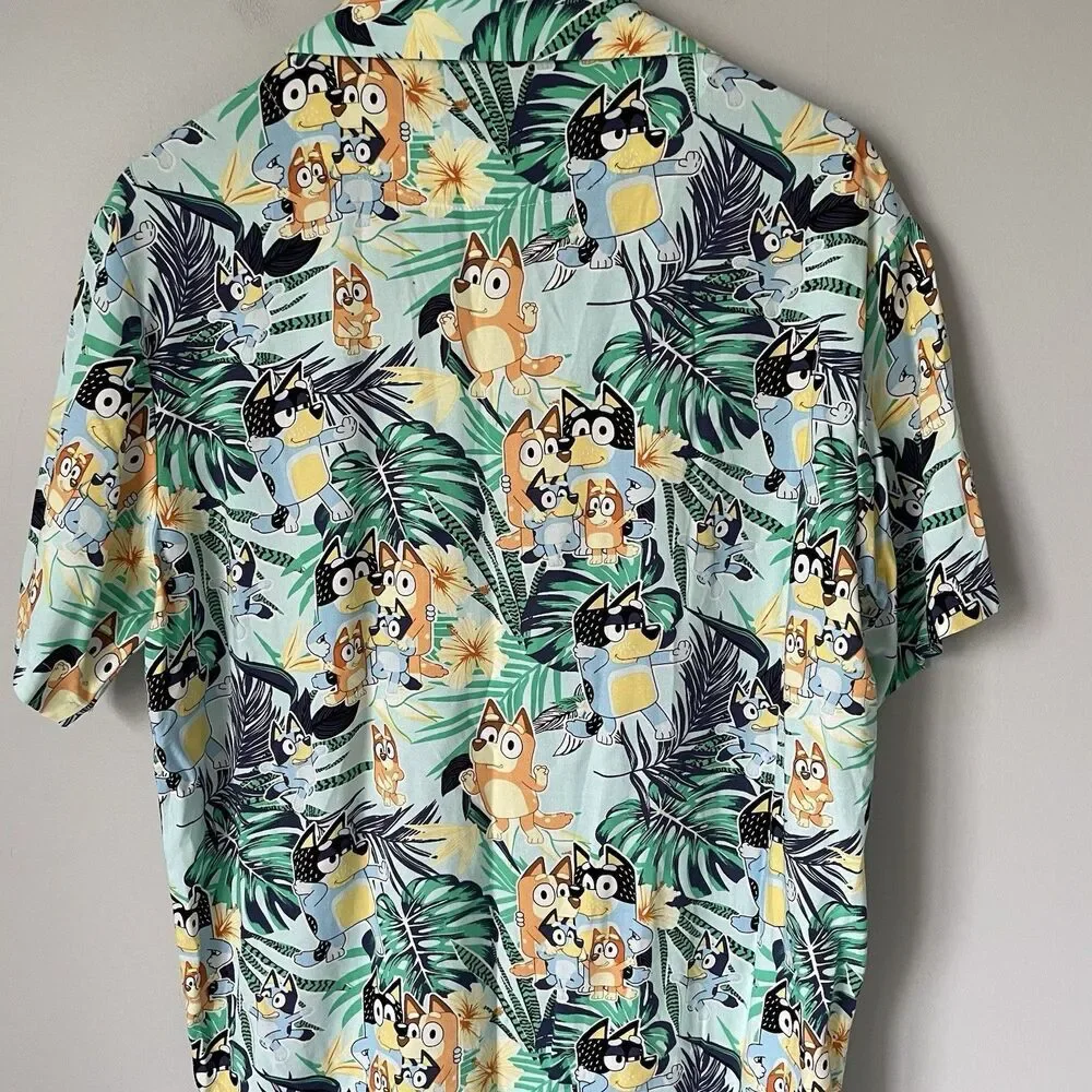 Bluey Hawaiian Button Up Shirt Top Lightweight Cartoon Beach Casual Camp Men's M